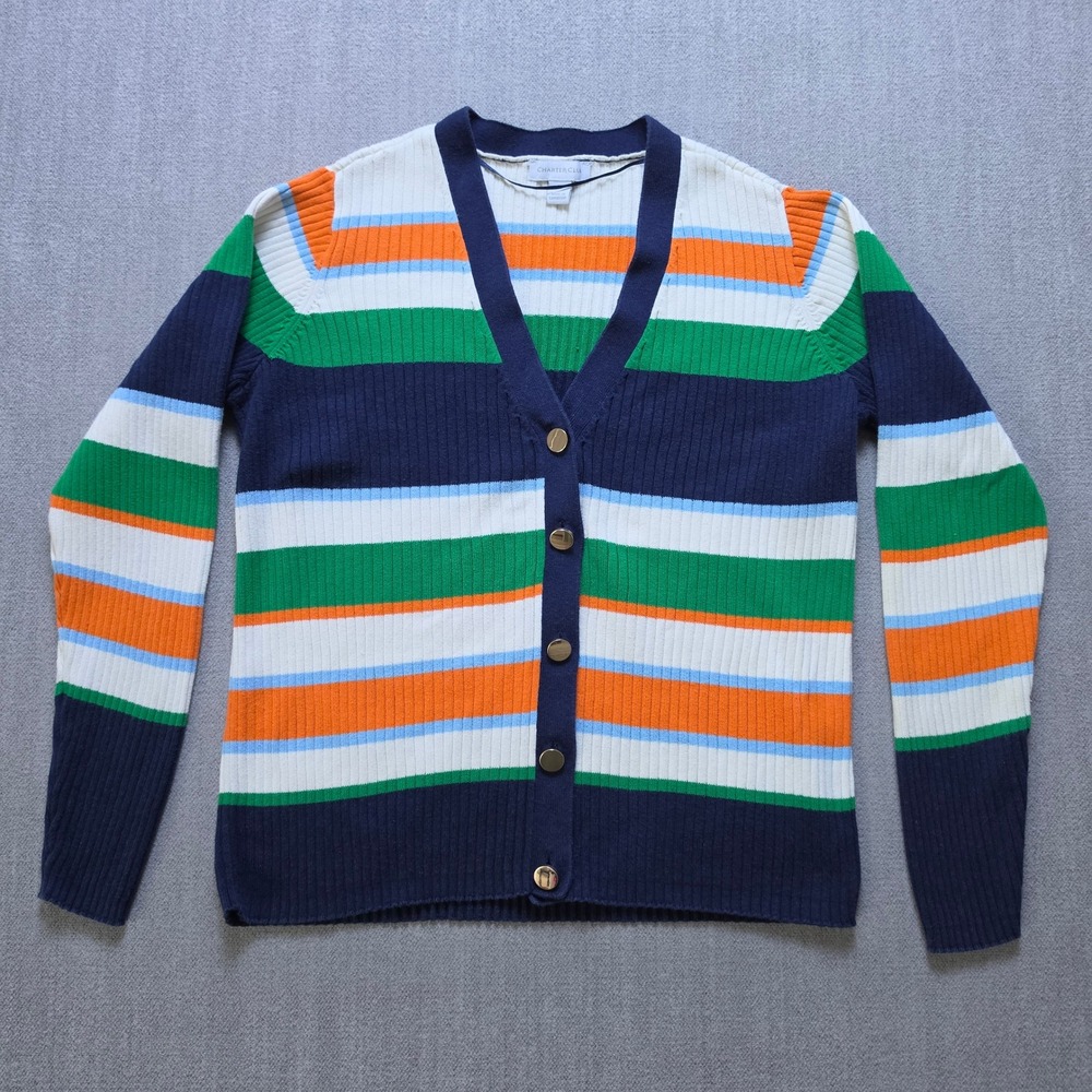 Charter Club Cardigan Women M Multicolor Striped Ribbed V-Neck Gold Button
